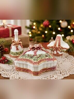 Intl. Bazaar Porcelain Holiday Christmas Tree Box Bell Basket Set NIB Pfaltzgraf